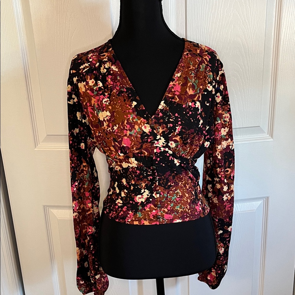 Anthropologie Brown Floral Top Blouson Sleeves Open Back Wrap Style Small NWT